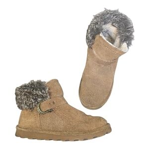 Bearpaw Hickory Brown Suede Ankle Boots with Faux Fur Trim – Size 7